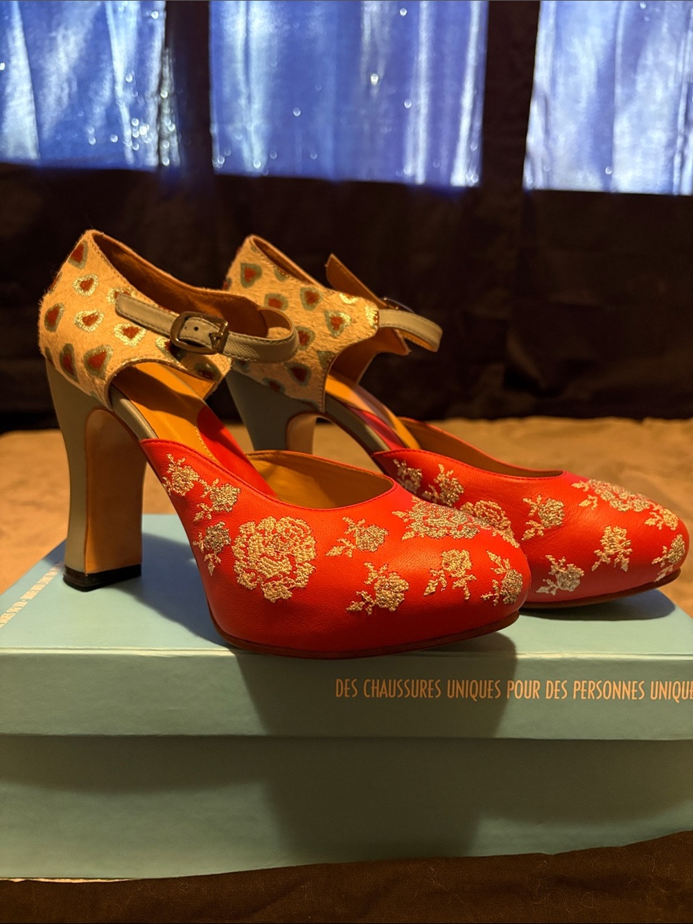 John Fluevog- Pre Loved Miracles Floral and Heart Mary Janes